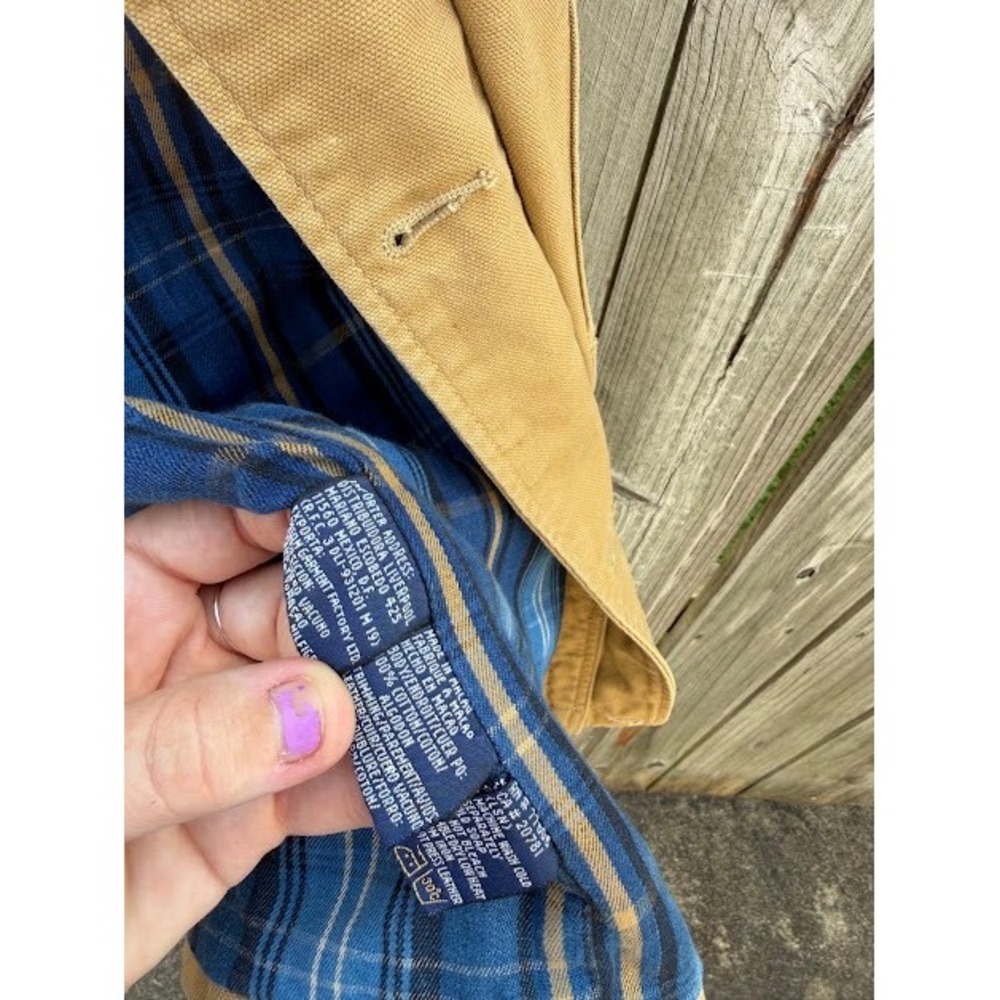 Vintage Tommy Hilfiger Canvas Barn Chore Jacket Tan Leather Yoke Corduroy Plaid - Picture 5 of 16